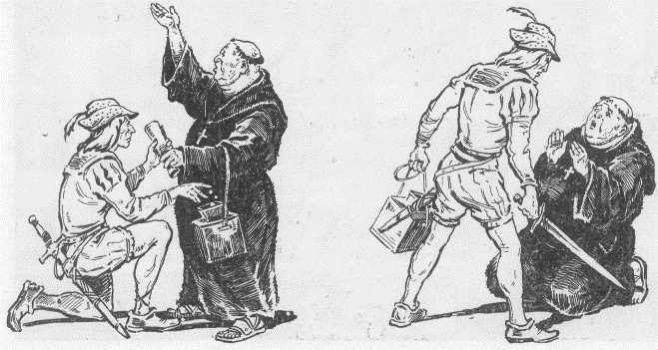 Кaрикатура на знаменитую средневековую притчу: некий дворянин покупает у доминиканского монаха Иоганна Тетцеля индульгенцию на прощения греха