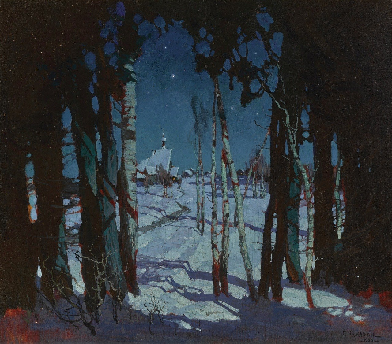 «Деревня в лунную ночь зимой», художник Михаил Гужавин, Россия, 1926 г.